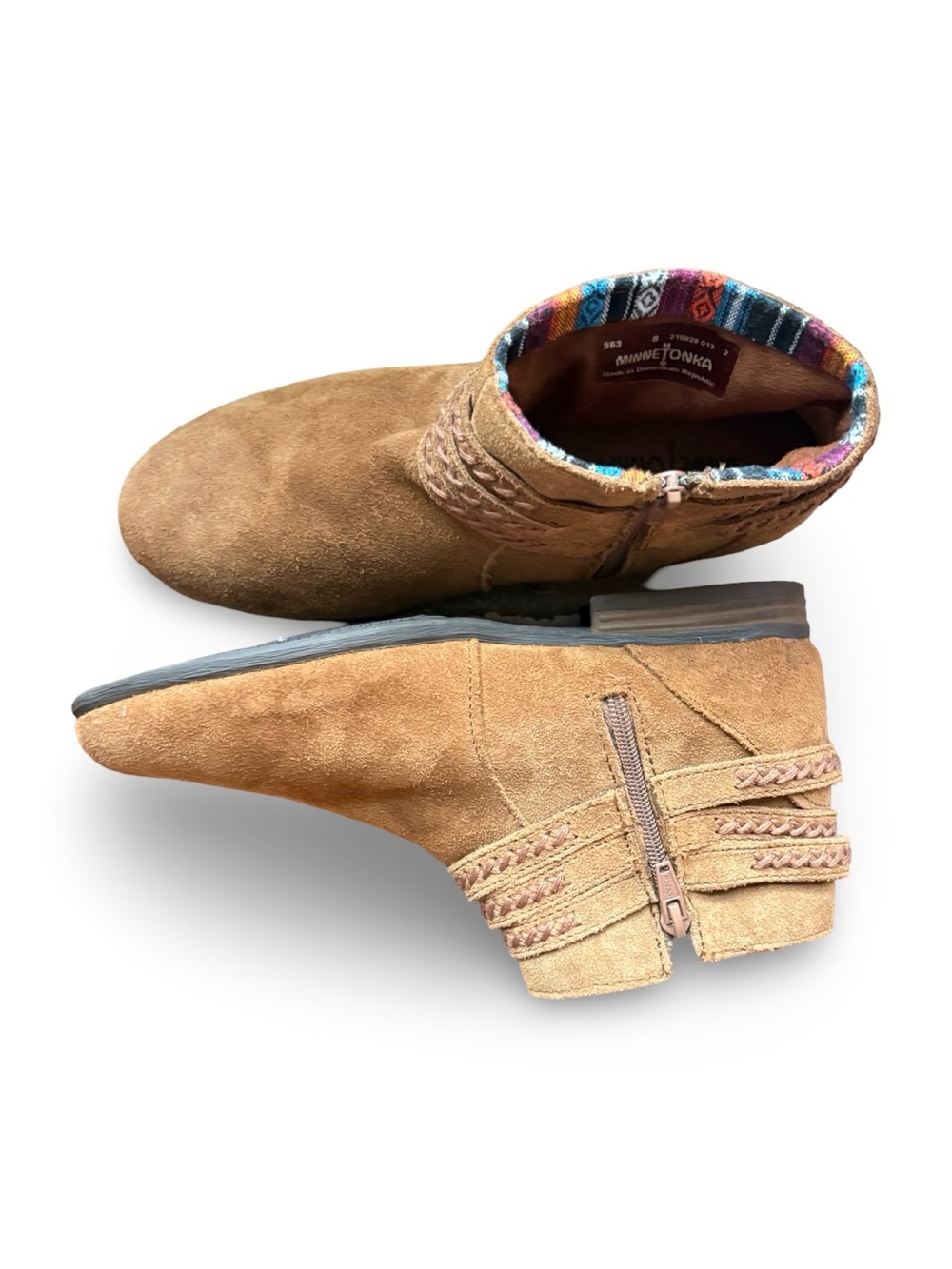 Minnetonka Tan Suede Southwestern Braided Ankle Booties Side Zip Size 8